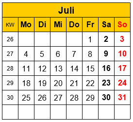 Symbolbild Kalenderblatt Juli 2020
